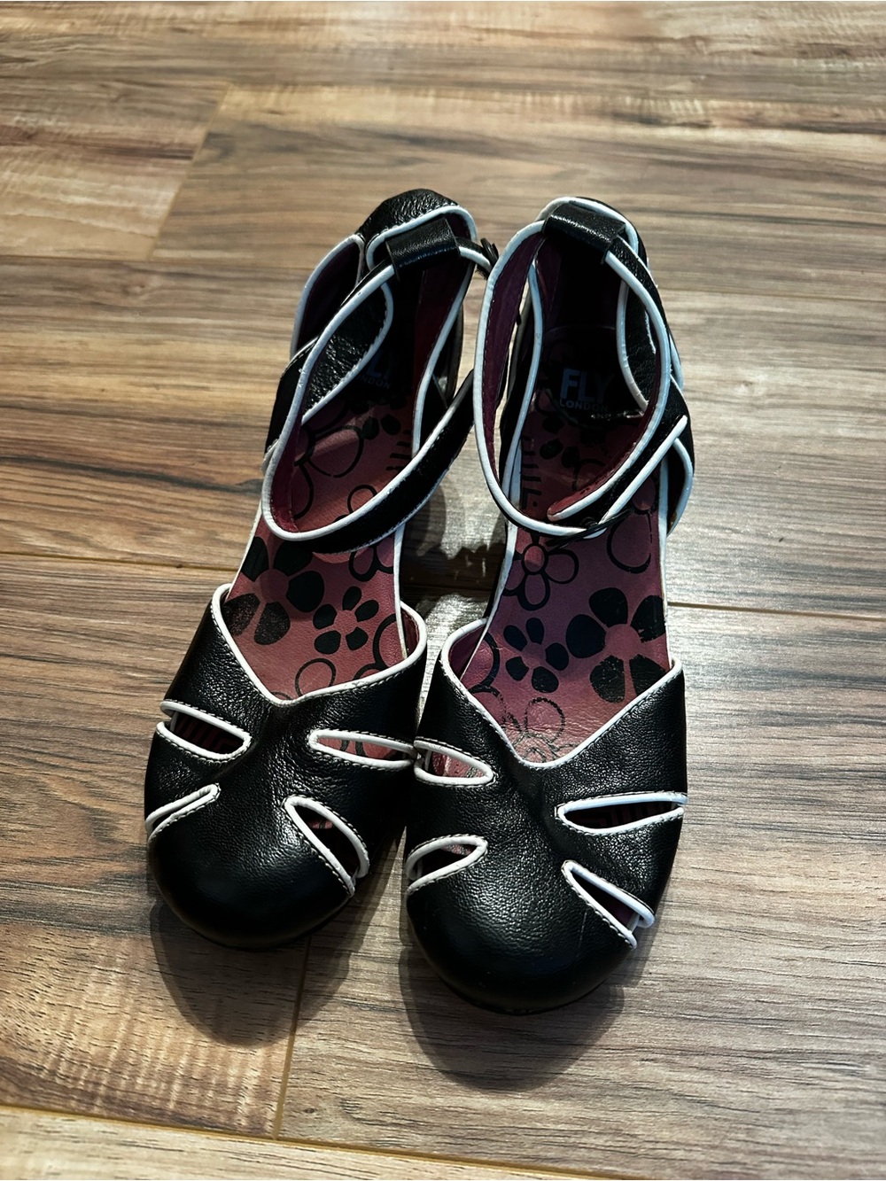 Fly London Black Heeled Sandals with White Piping